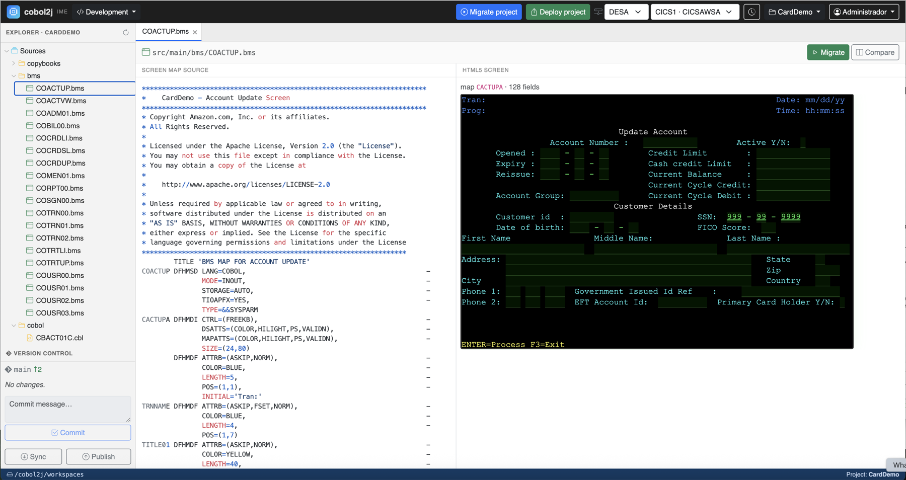 The original mainframe screen definition beside the very same screen running in a browser