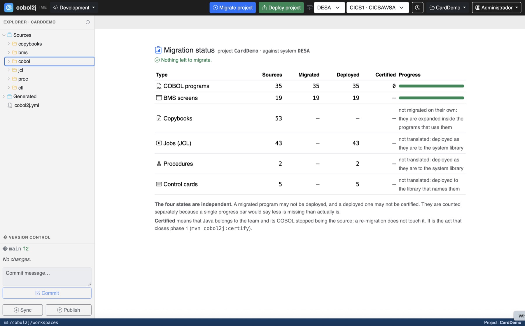 The migration workspace, showing a project already migrated and deployed