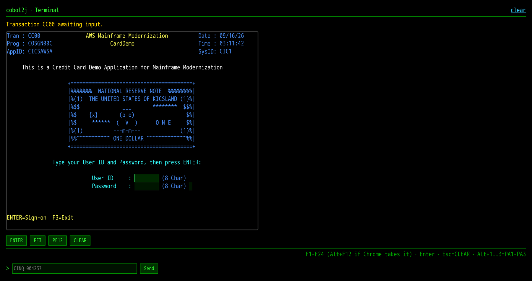 The CardDemo sign-on screen in a 3270 terminal