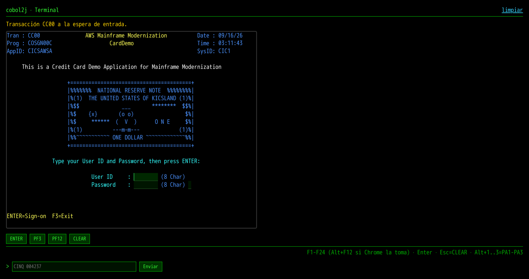 La pantalla de ingreso de CardDemo en un terminal 3270